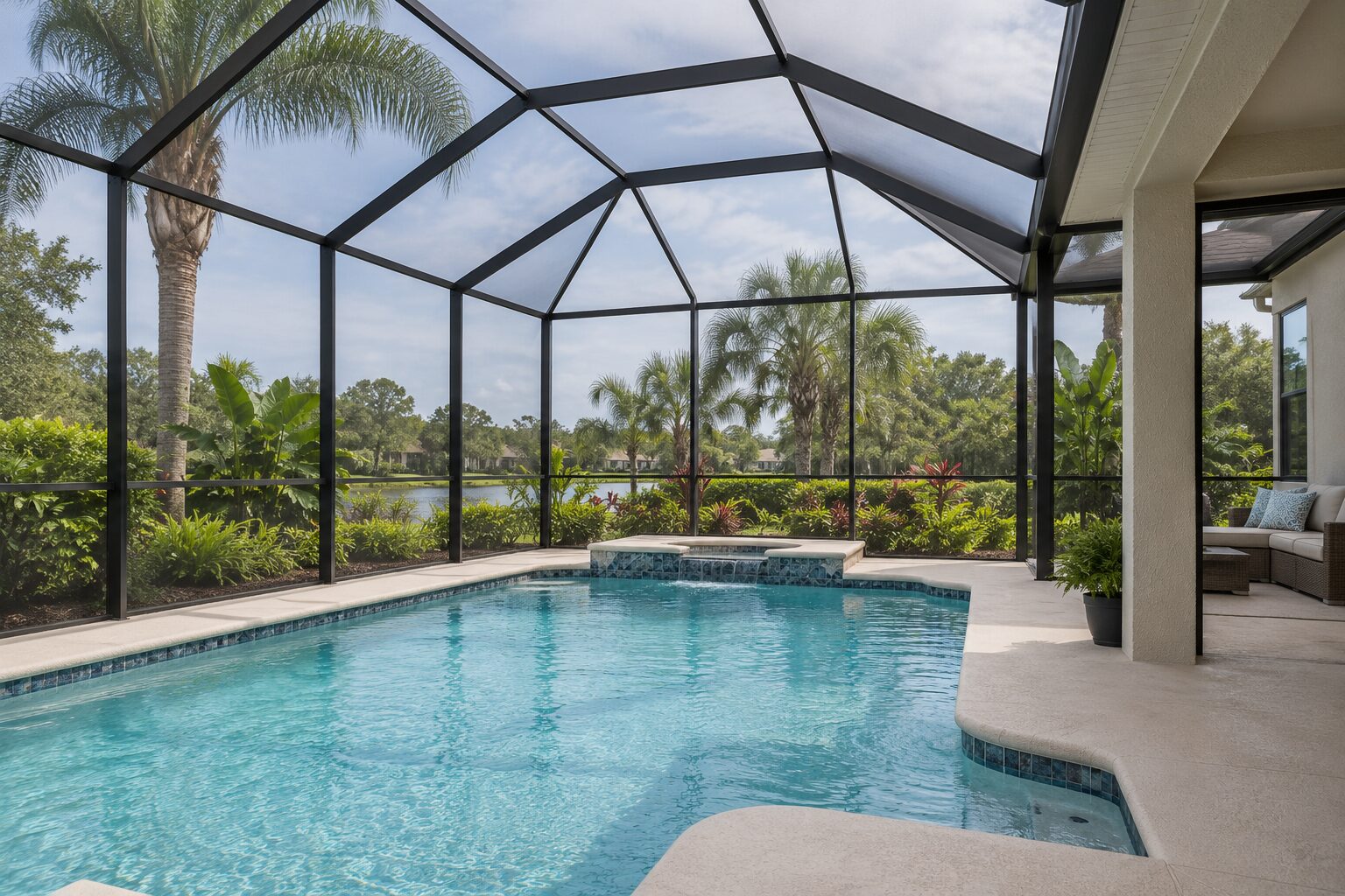 Freshly screened Florida pool enclosure with black aluminum framing and clear sightlines